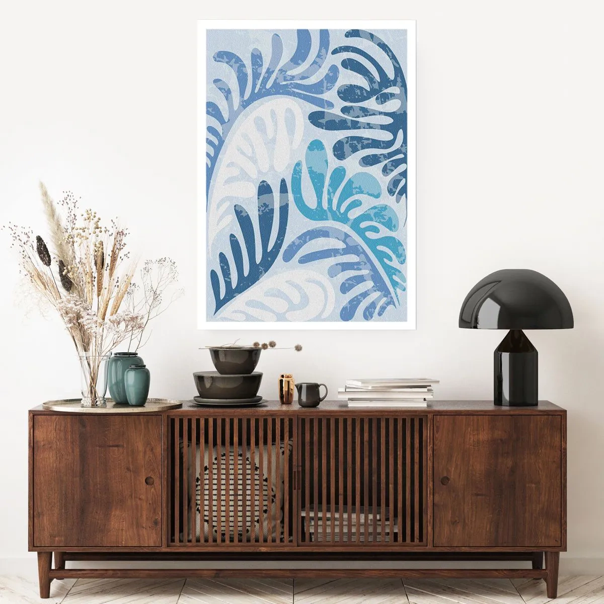 Poster - Abstrakte Komposition aus Blättern in Blautönen - 50x70cm - Blaue Farne - Moderne Wanddekoration für Wohnzimmer und Schlafzimmer ARTTOR
