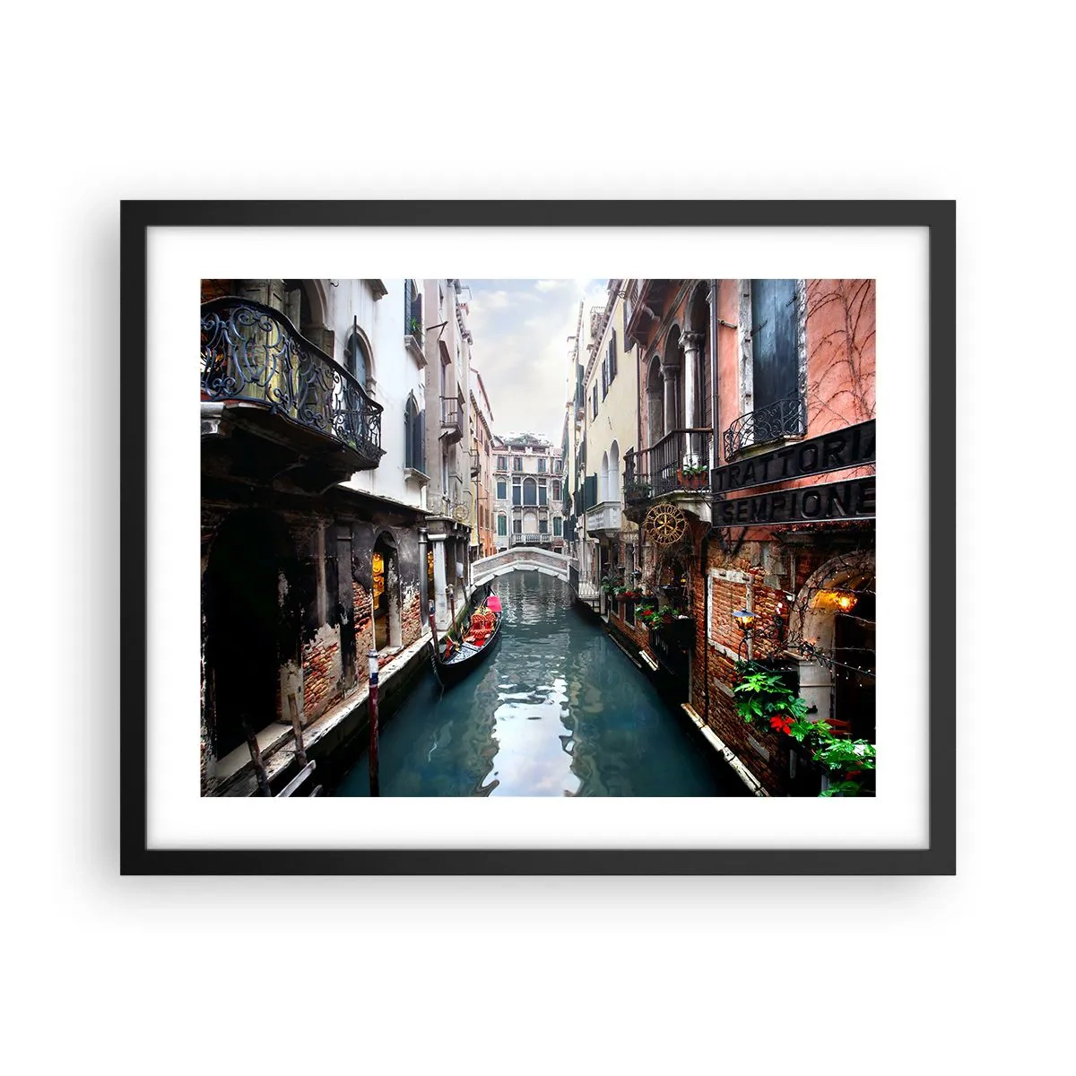 Poster in einem schwarzem Rahmen - Venezianische Landschaft mit Gondel und Brücke - 50x40 cm