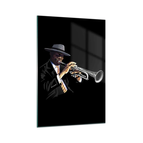 Glasbild - Bild auf glas - Ein Musiker spielt Trompete vor schwarzem Hintergrund - 70x100cm - Charme der alten Schule - Moderne Wanddekoration für Wohnzimmer und Schlafzimmer ARTTOR