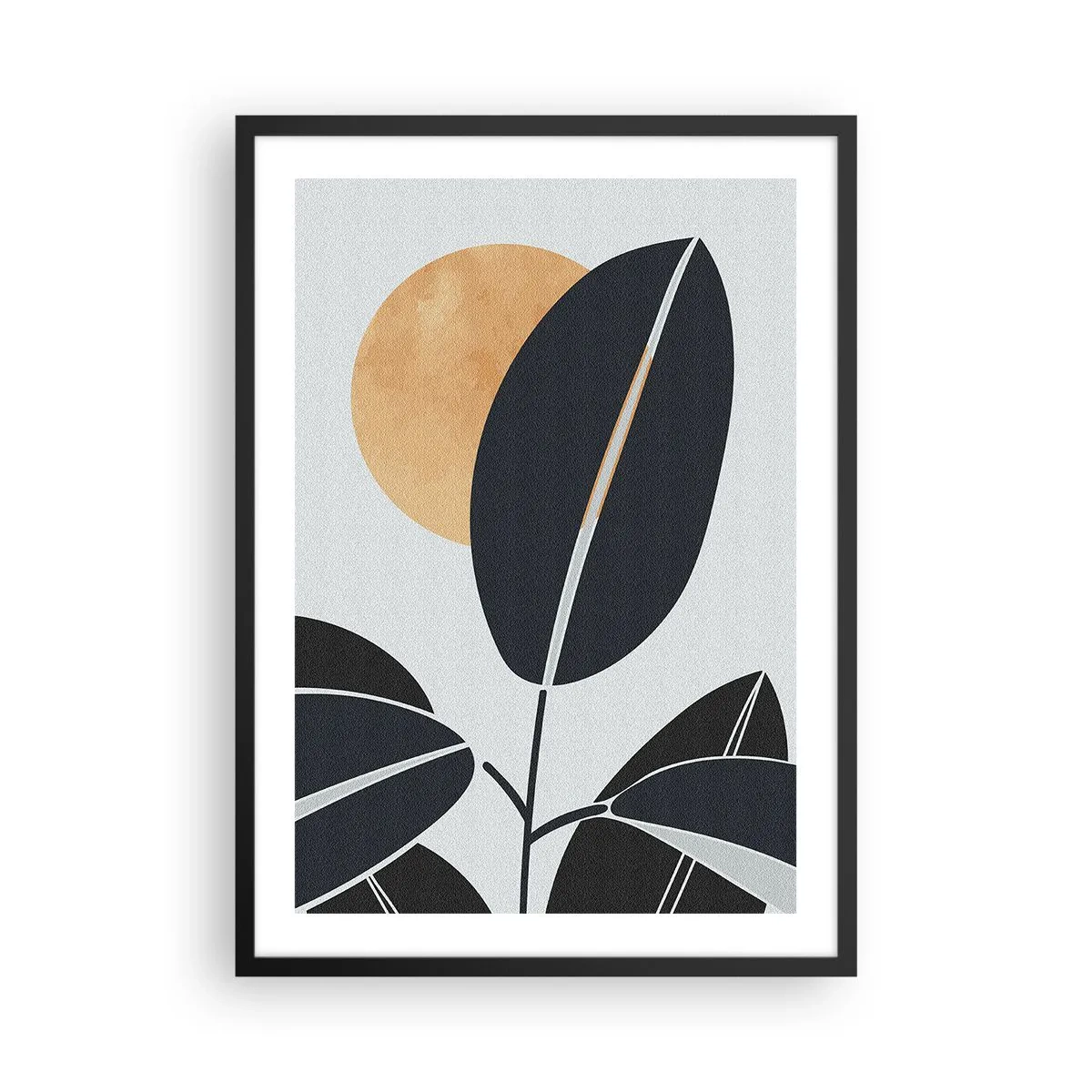 Poster in einem schwarzem Rahmen - Eine minimalistische Komposition aus Blättern vor dem Hintergrund der Sonne - 50x70cm - Heißer Sommertag - Moderne Wanddekoration für Wohnzimmer und Schlafzimmer ARTTOR