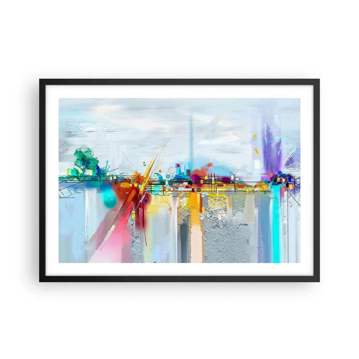 Poster in einem schwarzem Rahmen - Abstrakte Landschaft mit bunten Akzenten - 70x50cm - Freudenbrücke über den Fluss des Lebens - Moderne Wanddekoration für Wohnzimmer und Schlafzimmer ARTTOR
