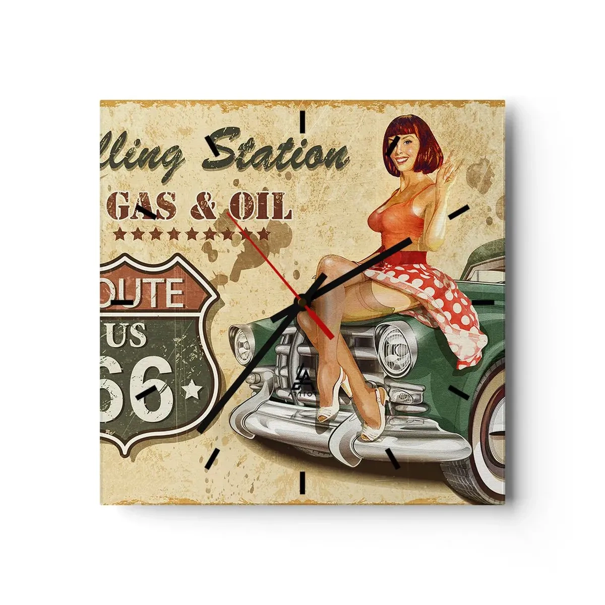 Wanduhr - Glasuhr - Retro-Route 66-Poster mit Pin-up-Girl und Auto - 30x30cm - Die großen Jahre der 40er. - Moderne Wanddekoration für Wohnzimmer und Schlafzimmer ARTTOR