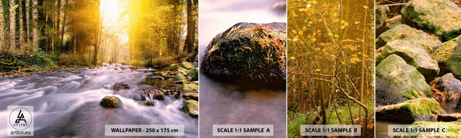 Fototapetenmuster Standard Eco - Malachit im Silber- und Goldrahmen - Landschaft, Gebirgsbach, Wald - 100x30 cm