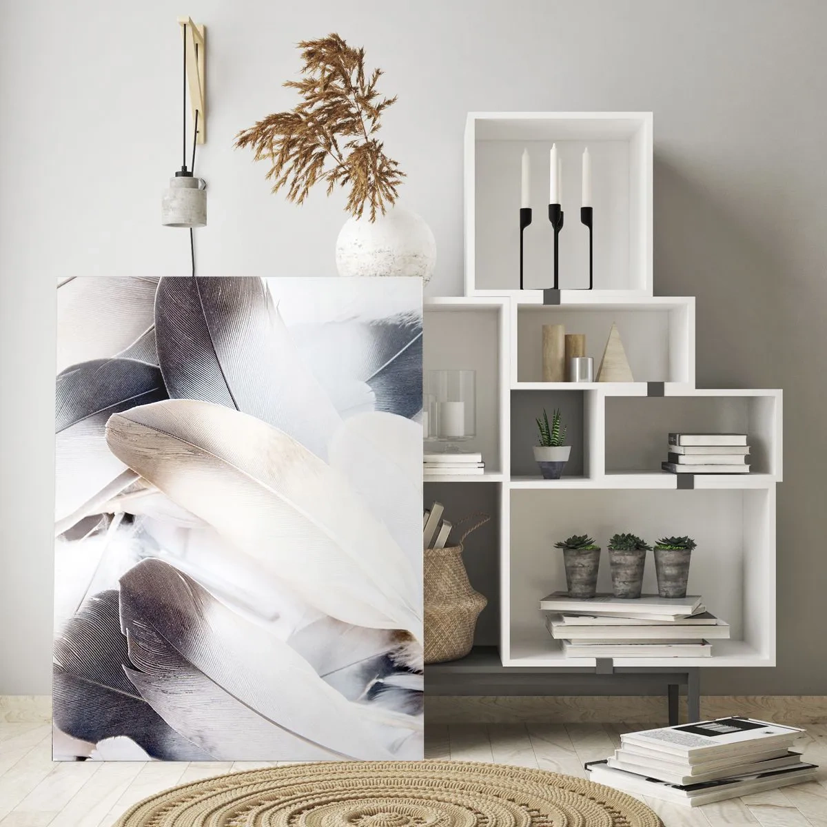 Glasbild - Bild auf glas - Zarte, leichte Federn in Weiß- und Grautönen - 50x70cm - Fast engelhaft - Moderne Wanddekoration für Wohnzimmer und Schlafzimmer ARTTOR