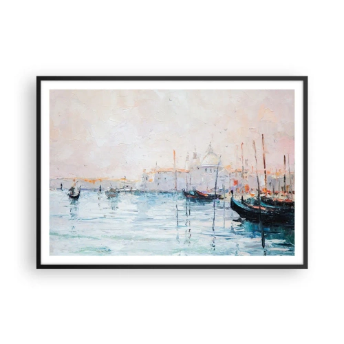 Poster in einem schwarzem Rahmen - Malerischer Blick auf die Kanäle mit pastellfarbenen Booten - 100x70cm - Hinter dem Wasser, hinter dem Nebel - Moderne Wanddekoration für Wohnzimmer und Schlafzimmer ARTTOR