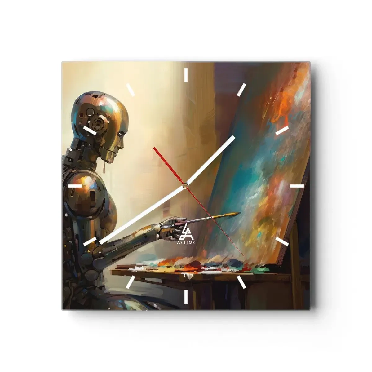 Wanduhr - Glasuhr - Ein Roboter, der im künstlerischen Stil auf einer Leinwand malt - 30x30cm - Die Kunst der Zukunft - Moderne Wanddekoration für Wohnzimmer und Schlafzimmer ARTTOR