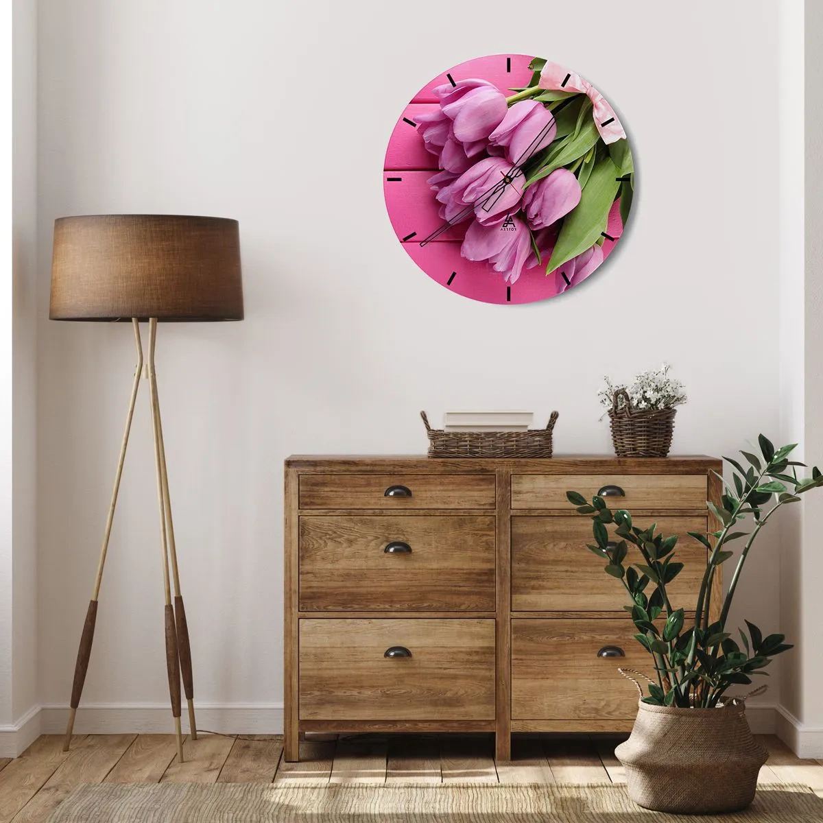 Wanduhr - Glasuhr - Ein Strauß rosa Tulpen auf rosa Hintergrund - 30x30cm - Nur für dich - Moderne Wanddekoration für Wohnzimmer, Küche und Schlafzimmer ARTTOR