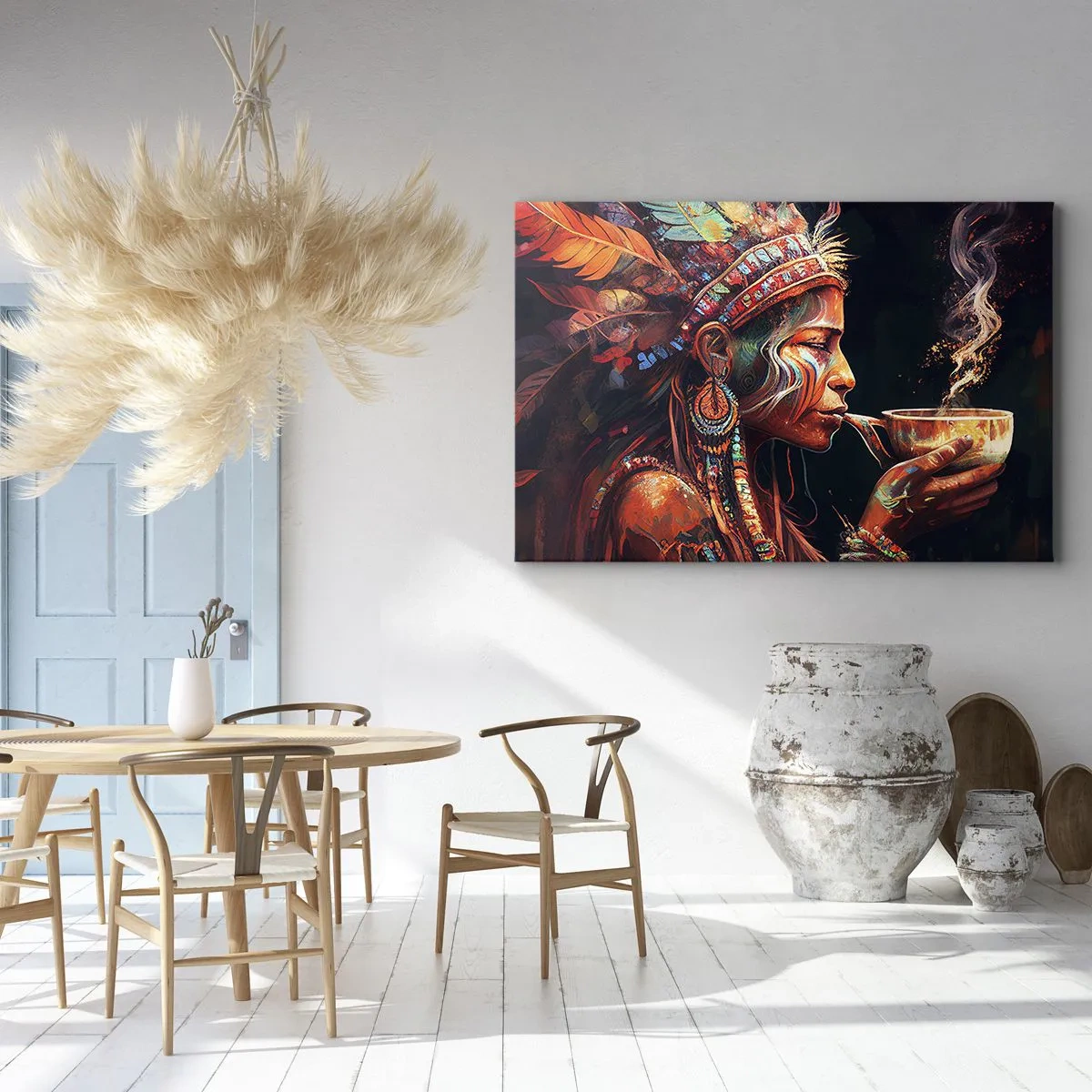Bild auf Leinwand - Leinwandbild - Eine farbenfrohe Figur im Ethno-Stil mit einer Tasse dampfenden Getränks - 120x80cm - Magisches Ritual - Moderne Wanddekoration für Wohnzimmer und Schlafzimmer ARTTOR