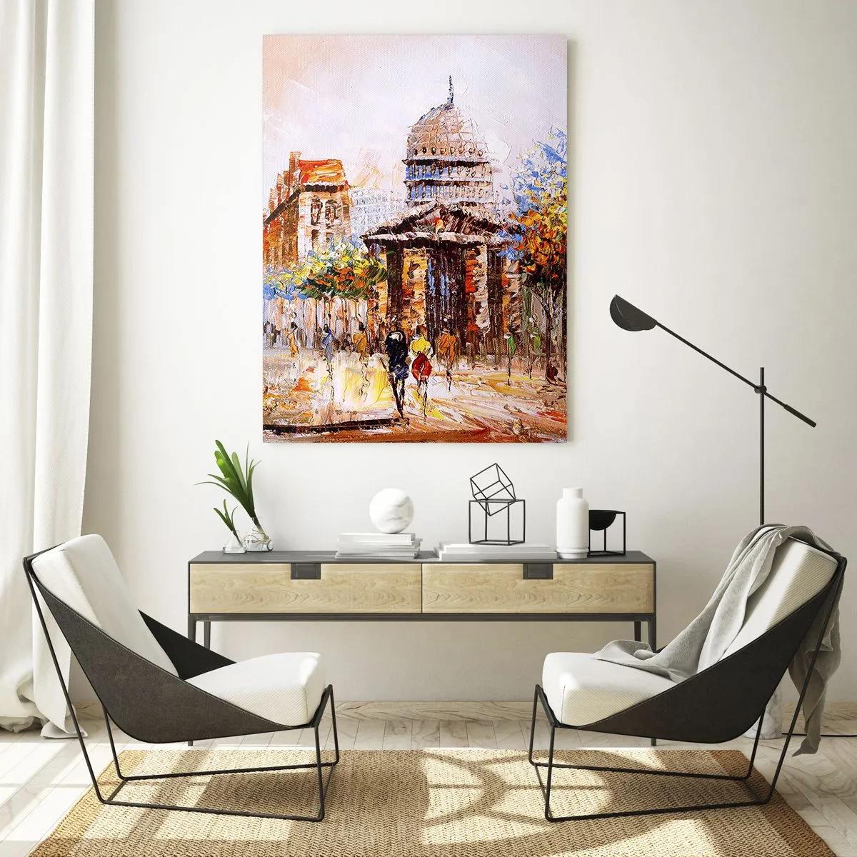 Glasbild - Bild auf glas - Eine malerische Stadtstraße mit einem historischen Gebäude im Hintergrund - 50x70cm - Pariser Spaziergang - Moderne Wanddekoration für Wohnzimmer und Schlafzimmer ARTTOR