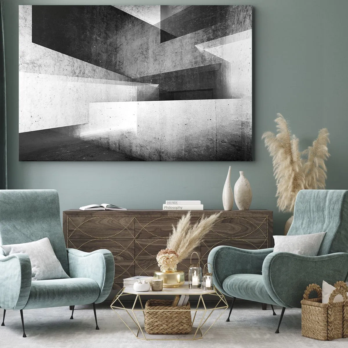 Bild auf Leinwand - Leinwandbild - Geometrische Formen in einer monochromen Komposition - 70x50cm - Die Raumstruktur - Moderne Wanddekoration für Wohnzimmer und Schlafzimmer ARTTOR