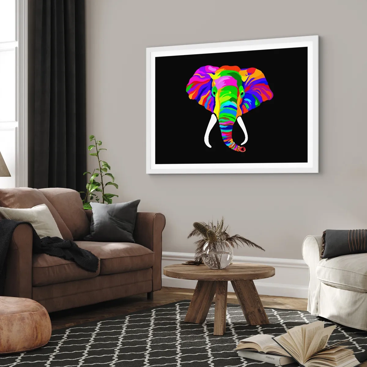 Poster in einem weißen Rahmen - Der Elefant, der es liebte, im Regenbogen zu baden - 91x61 cm