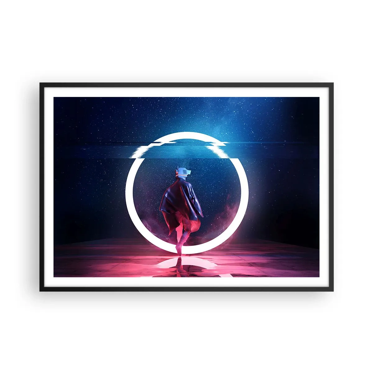 Poster in einem schwarzem Rahmen - Eine Figur in einer futuristischen Umgebung mit einem Neonkreis - 100x70cm - Zwischen den Welten - Moderne Wanddekoration für Wohnzimmer und Schlafzimmer ARTTOR