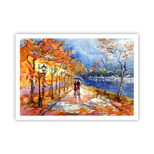 Poster - Ein Herbstspaziergang im Park am Flussufer unter einem Regenschirm - 100x70cm - Gemeinsam bis an die Grenze der Zeit - Moderne Wanddekoration für Wohnzimmer und Schlafzimmer ARTTOR
