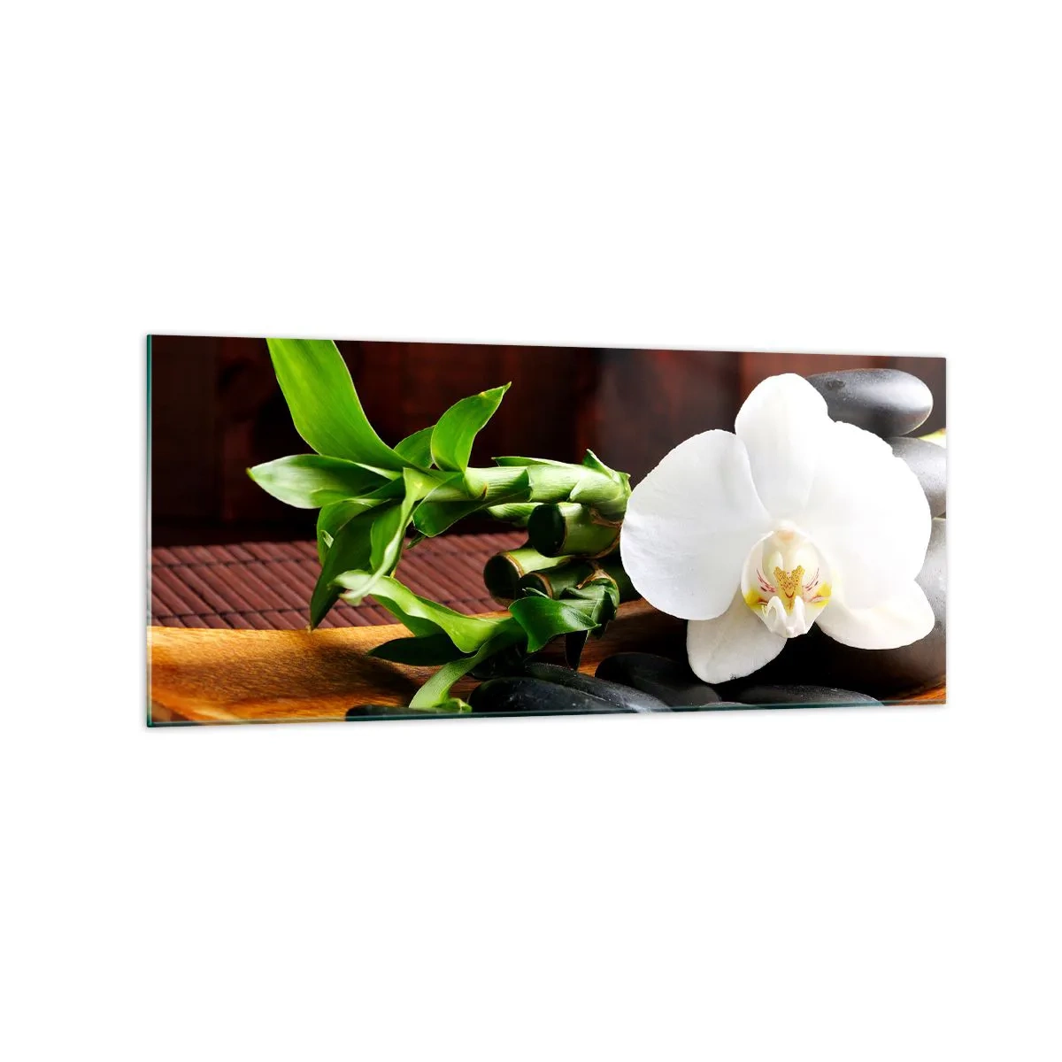 Glasbild - Bild auf glas - Weiße Orchidee mit Bambus vor einem Steinhintergrund im Zen-Stil - 120x50cm - Geben Sie sich dem Hauch der Natur hin - Moderne Wanddekoration für Wohnzimmer und Schlafzimmer ARTTOR