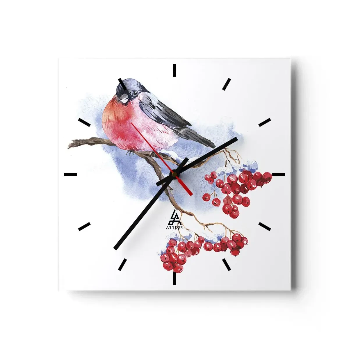 Wanduhr - Glasuhr - Vogel auf einem Zweig mit roten Früchten im Aquarellhintergrund - 30x30cm - Winter in Farbe - Moderne Wanddekoration für Wohnzimmer und Schlafzimmer ARTTOR