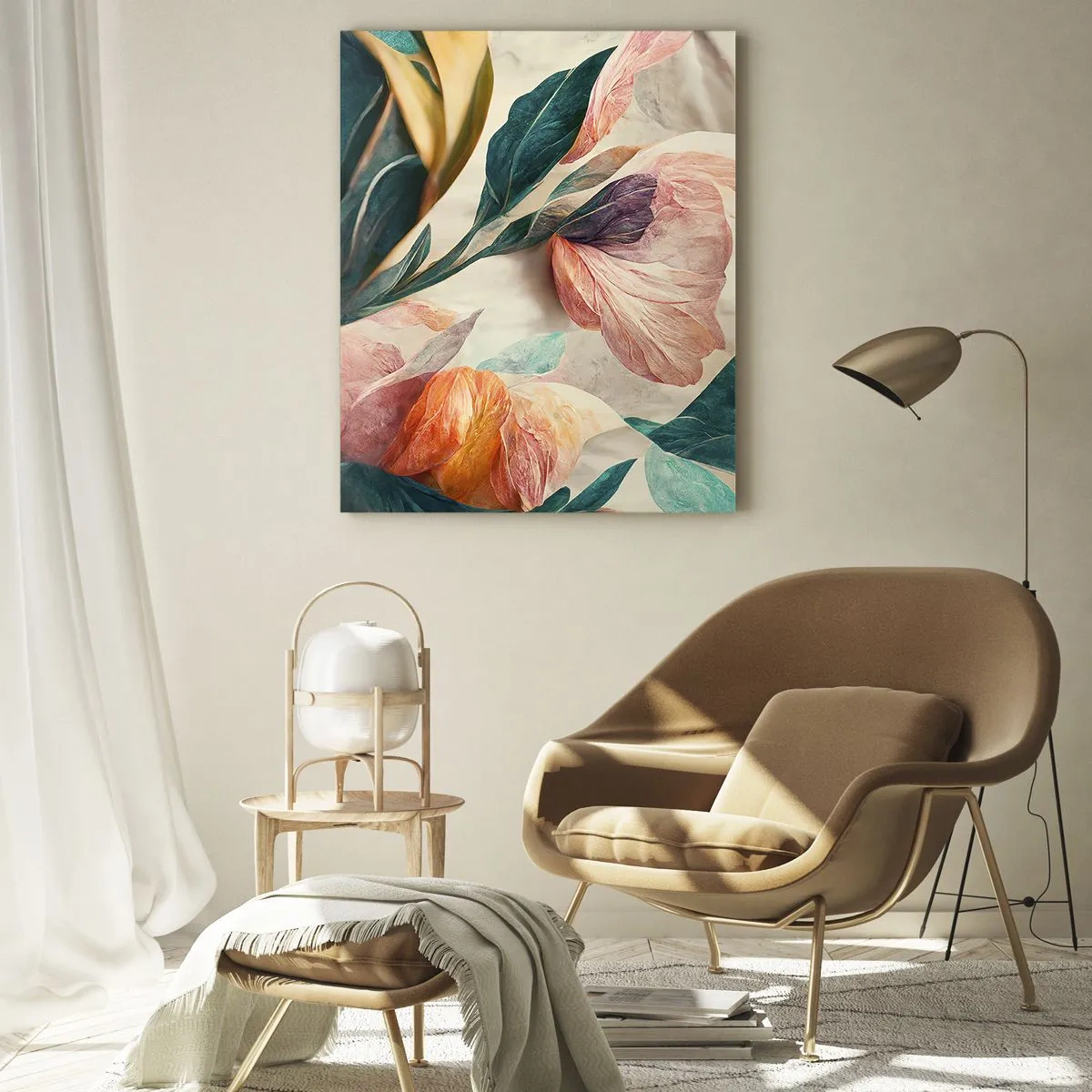 Glasbild - Bild auf glas - Exotische Blumen und Blätter in Pastellfarben im botanischen Stil - 50x70cm - Blumen der südlichen Inseln - Moderne Wanddekoration für Wohnzimmer und Schlafzimmer ARTTOR