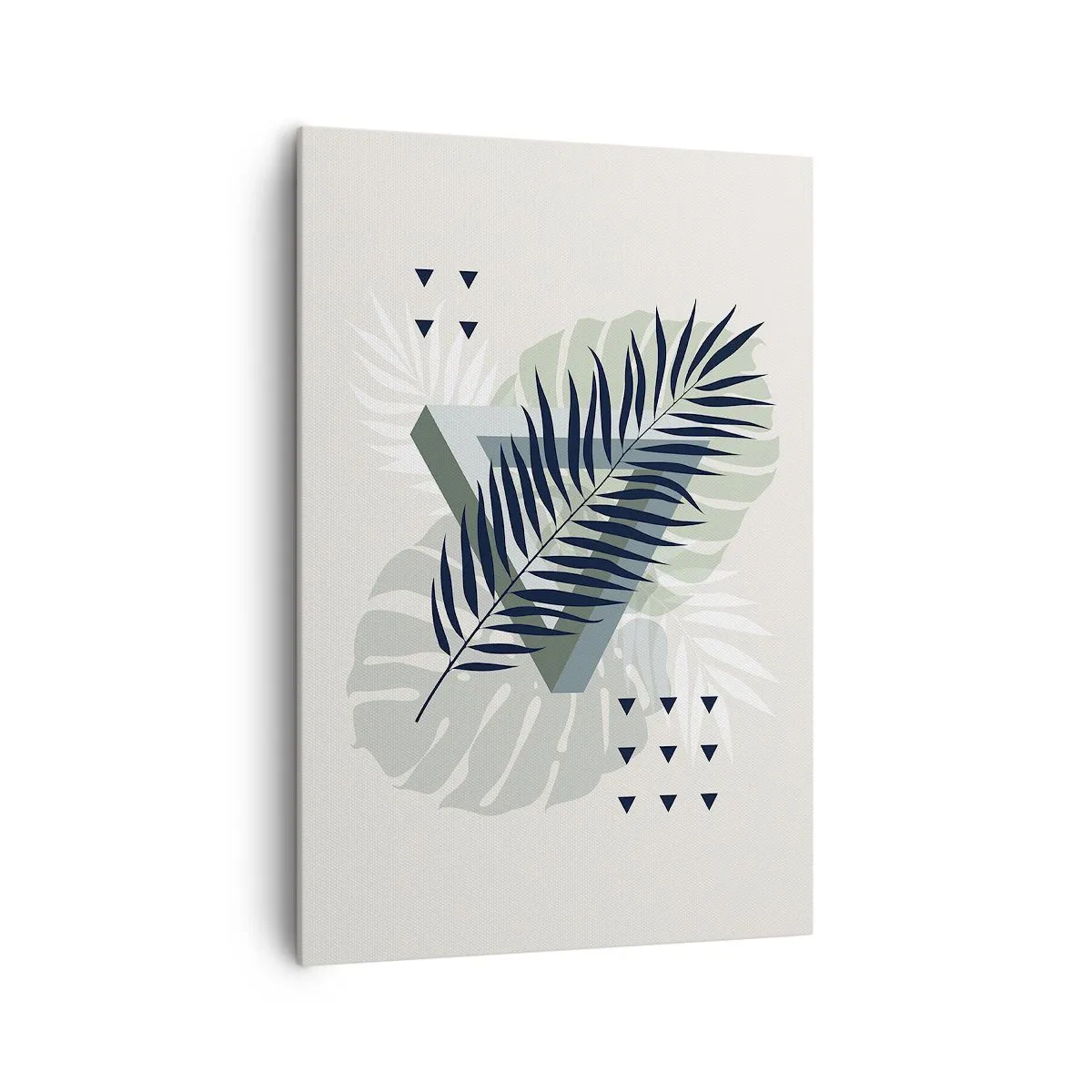 Bild auf Leinwand - Leinwandbild - Geometrische Komposition mit tropischen Blättern in Grüntönen - 70x100cm - Natur und Geometrie – zwei Ordnungen? - Moderne Wanddekoration für Wohnzimmer und Schlafzimmer ARTTOR