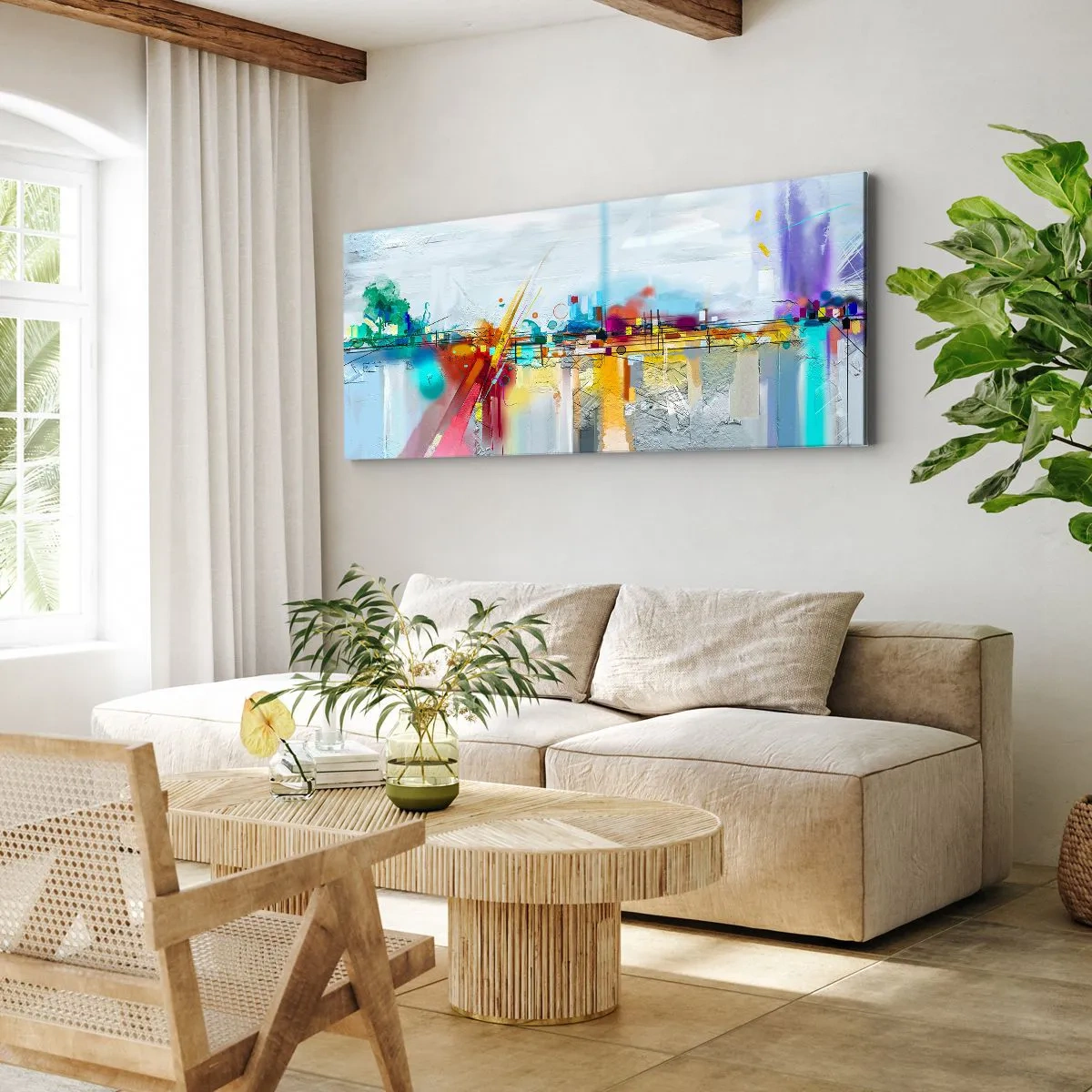 Bild auf Leinwand - Leinwandbild - Abstrakte Landschaft mit bunten Akzenten - 140x50cm - Freudenbrücke über den Fluss des Lebens - Moderne Wanddekoration für Wohnzimmer und Schlafzimmer ARTTOR