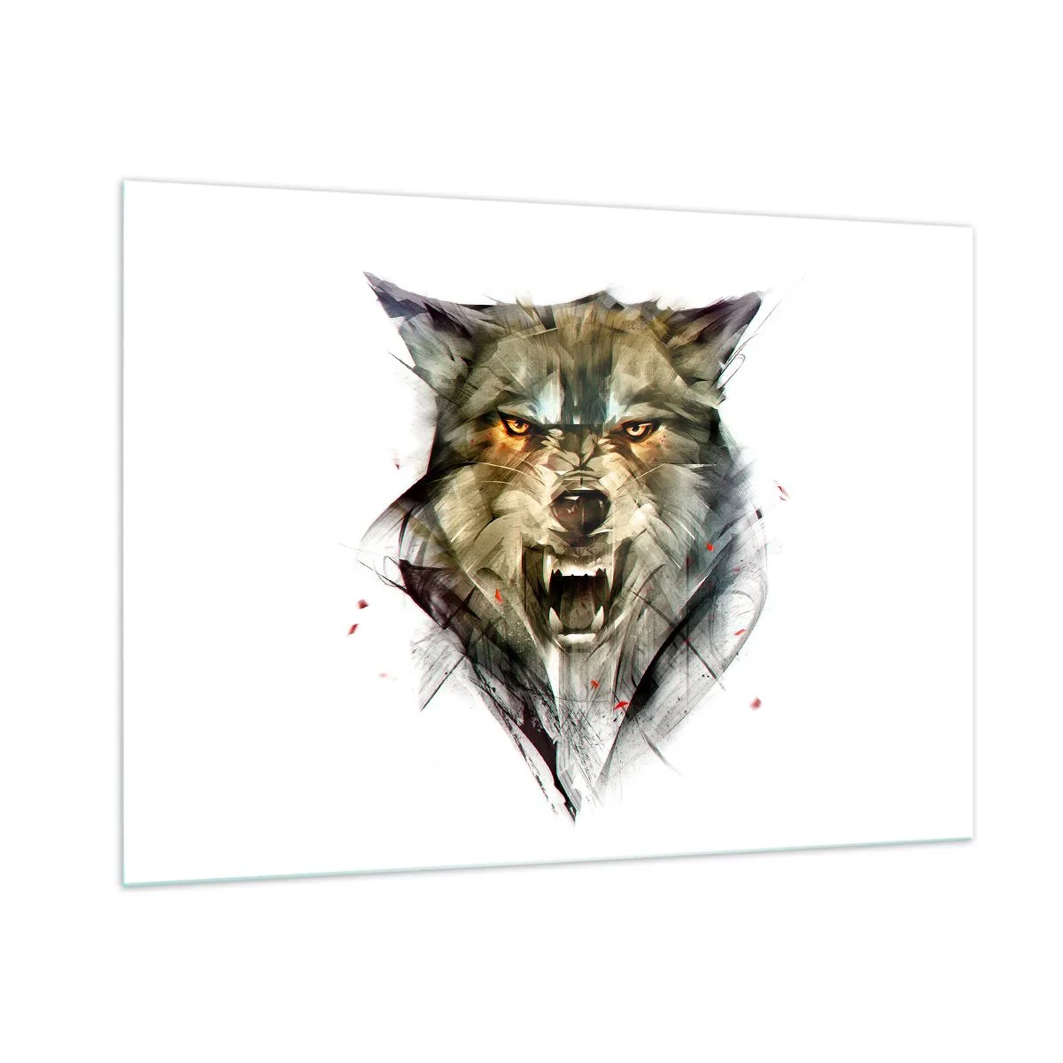 Glasbild - Bild auf glas - Eine Grafik eines bedrohlichen Wolfes mit offenem Maul und intensivem Blick - 100x70cm - Kein Schritt näher! - Moderne Wanddekoration für Wohnzimmer und Schlafzimmer ARTTOR