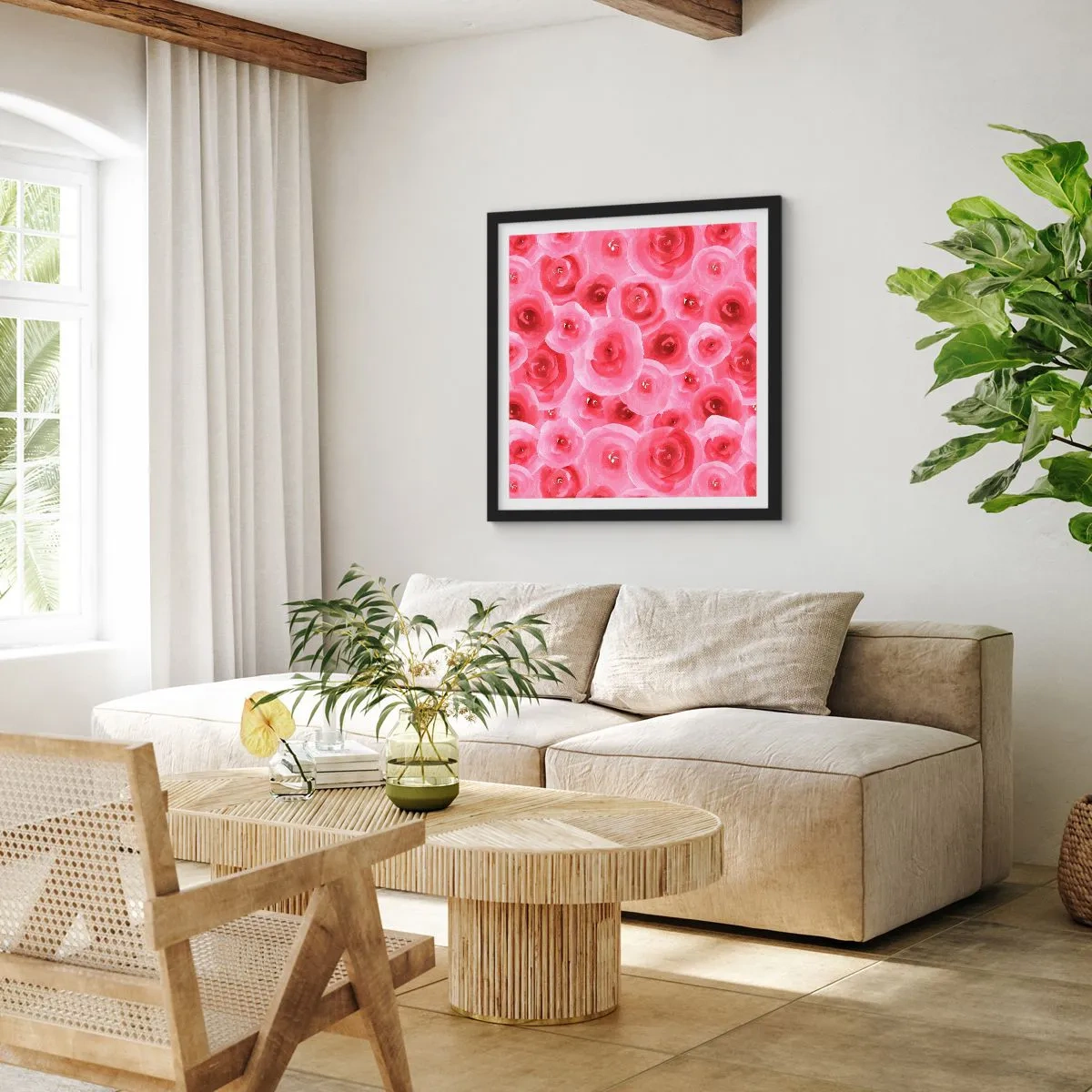 Poster in einem schwarzem Rahmen - Oben und unten Rosen - 60x60 cm