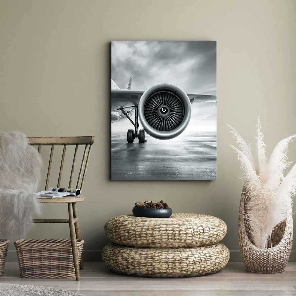 Bild auf Leinwand - Leinwandbild - Das Düsentriebwerk eines Flugzeugs auf dem Rollfeld - 70x100cm - Die Macht ist da! - Moderne Wanddekoration für Wohnzimmer und Schlafzimmer ARTTOR