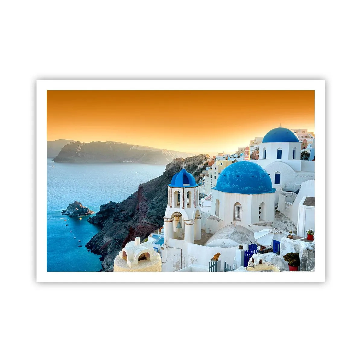 Poster - Blick auf Santorini mit weißen Gebäuden und blauem Meer - 100x70cm - Santorini - an die Felsen gekuschelt - Moderne Wanddekoration für Wohnzimmer und Schlafzimmer ARTTOR
