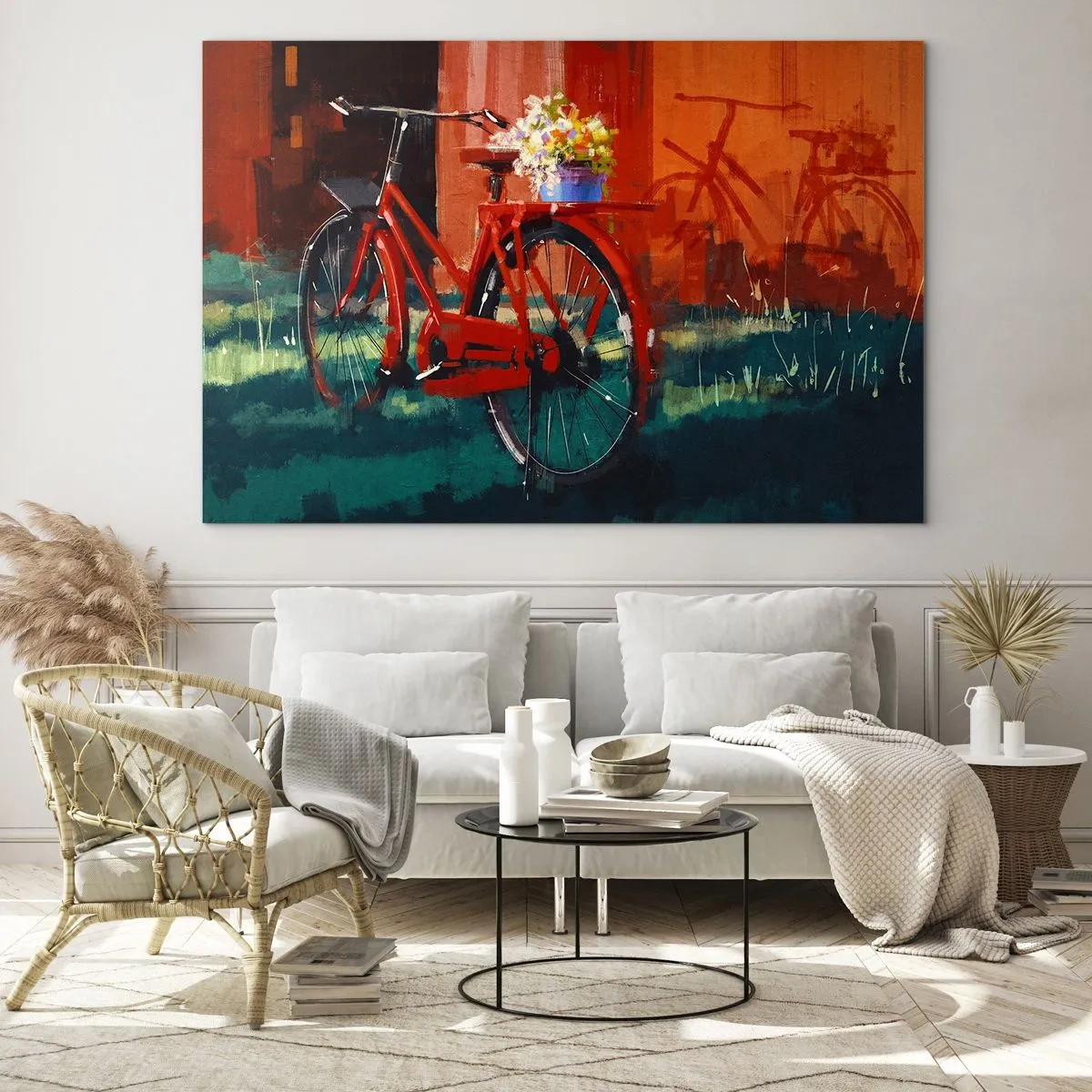 Glasbild - Bild auf glas - Ein rotes Fahrrad mit Blumen vor einem roten Gebäude - 100x70cm - Ich möchte mit meinem Fahrrad fahren - Moderne Wanddekoration für Wohnzimmer und Schlafzimmer ARTTOR