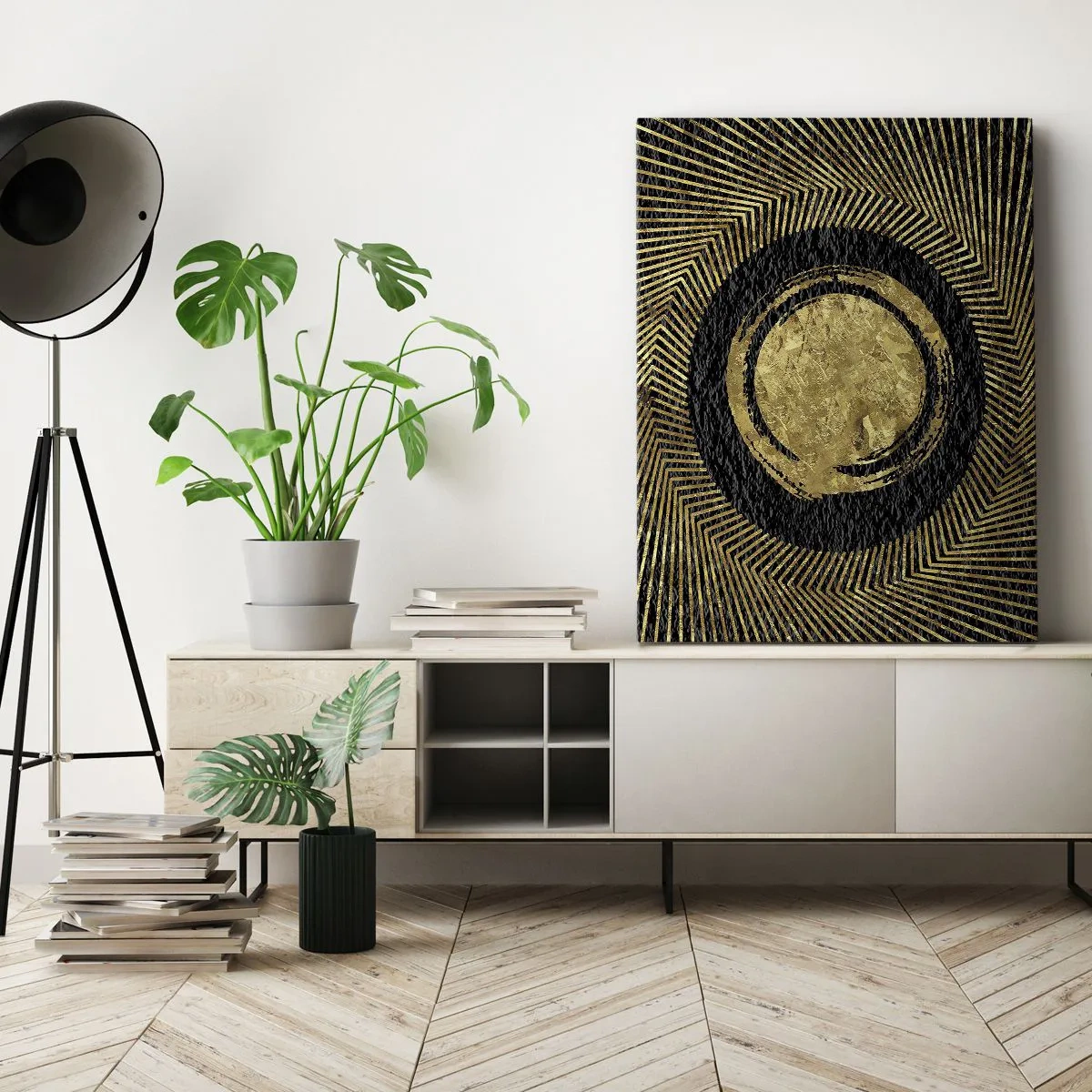 Bild auf Leinwand - Leinwandbild - Geometrische Komposition in Schwarz und Gold mit Strahlen - 70x100cm - Glamour-Komposition - Moderne Wanddekoration für Wohnzimmer und Schlafzimmer ARTTOR