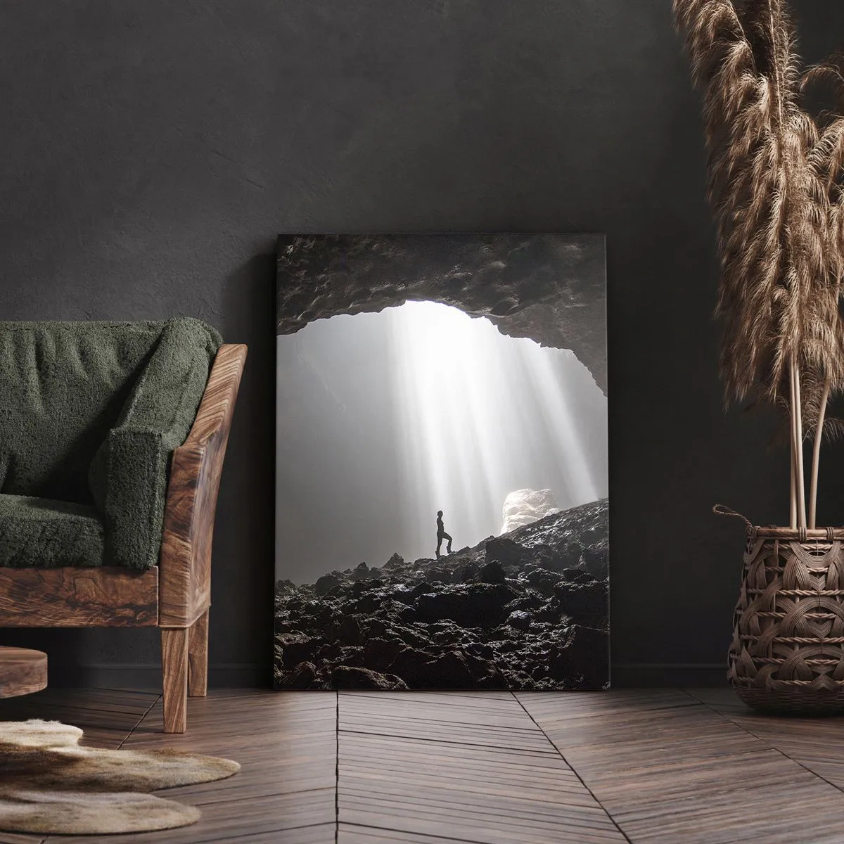 Bild auf Leinwand - Leinwandbild - Eine Figur in einer Höhle, beleuchtet von Lichtstrahlen - 70x100cm - Die leuchtende Grotte - Moderne Wanddekoration für Wohnzimmer und Schlafzimmer ARTTOR