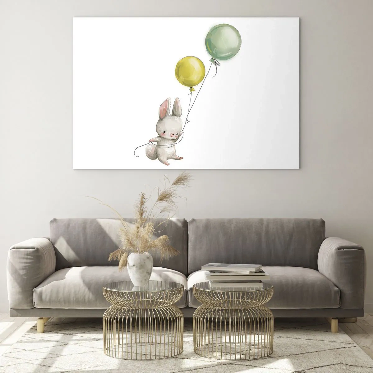 Glasbild - Bild auf glas - Ein Hase hält zwei Luftballons - 70x50cm - Ich werde auch fliegen! - Moderne Wanddekoration für Wohnzimmer und Schlafzimmer ARTTOR