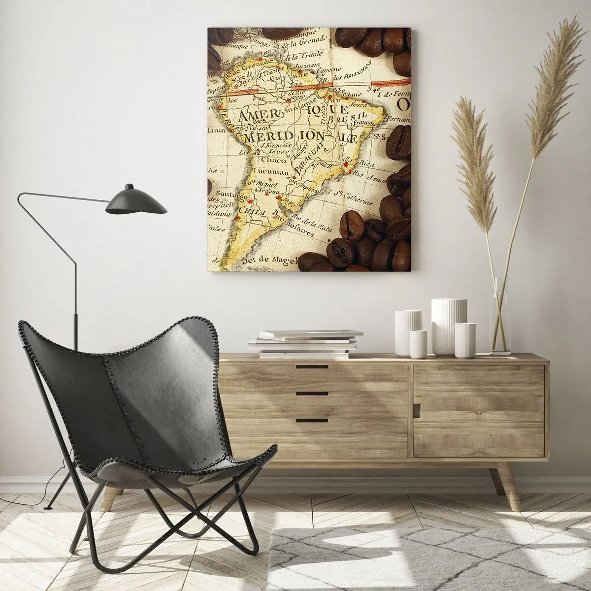 Glasbild - Bild auf glas - Eine Karte von Südamerika, umgeben von Kaffeebohnen. - 50x70cm - Woher kommt der beste Kaffee? - Moderne Wanddekoration für Wohnzimmer und Schlafzimmer ARTTOR