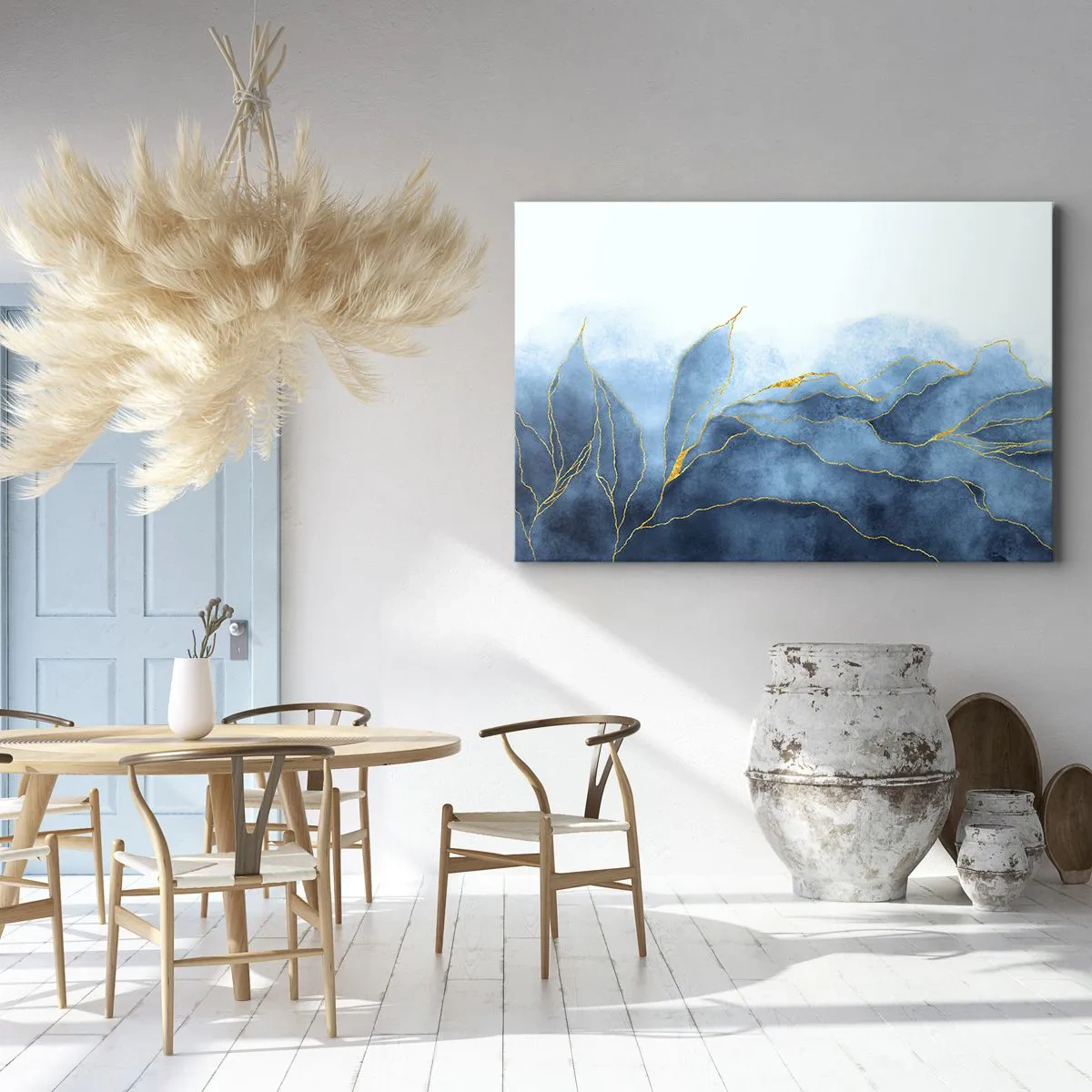 Bild auf Leinwand - Leinwandbild - Abstrakte Wellen in Blautönen mit goldenen Akzenten - 70x50cm - Blau im Gold - Moderne Wanddekoration für Wohnzimmer und Schlafzimmer ARTTOR