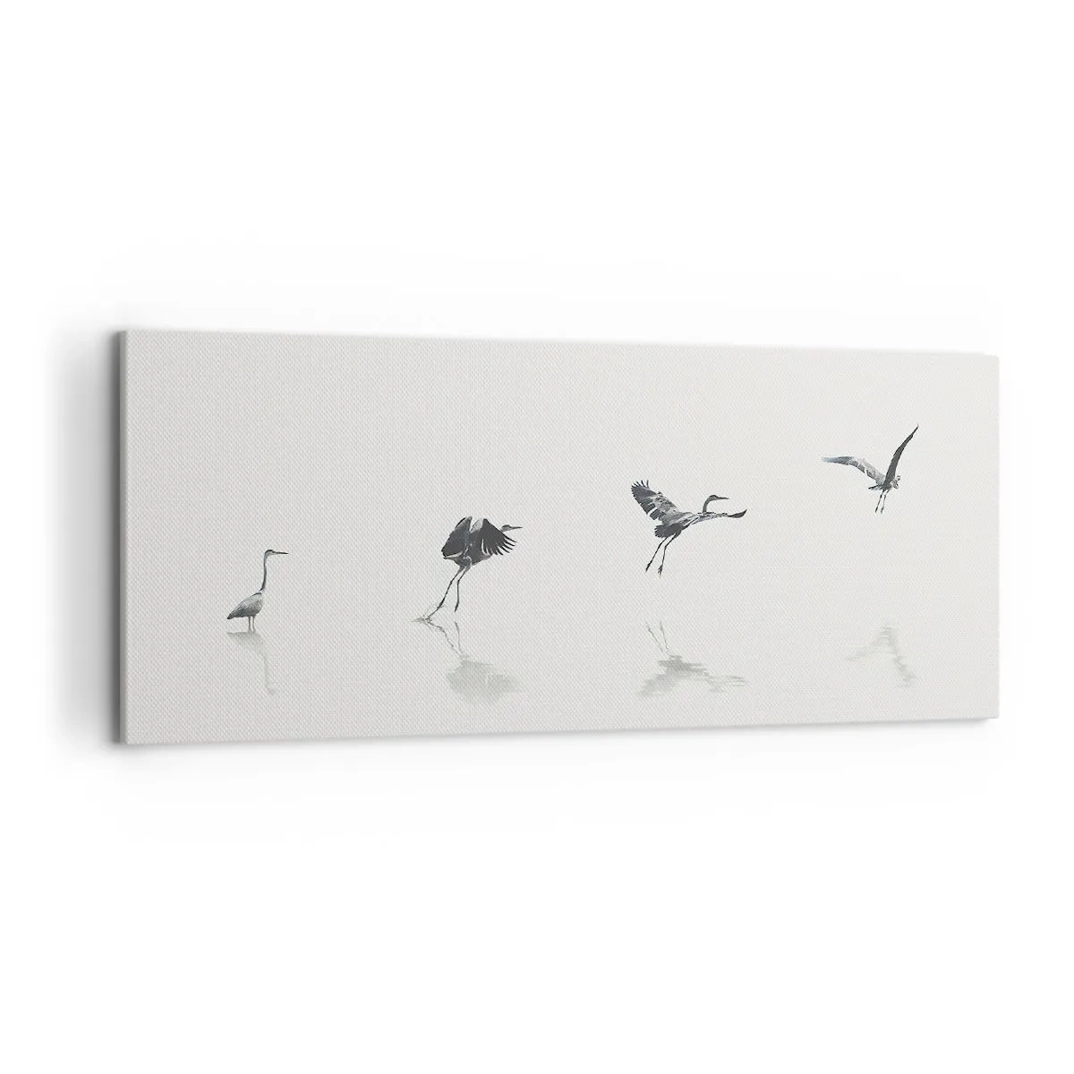Bild auf Leinwand - Leinwandbild - Vier Vogelsilhouetten spiegeln sich im ruhigen Wasser - 120x50cm - Vier einfache Schritte - Moderne Wanddekoration für Wohnzimmer und Schlafzimmer ARTTOR