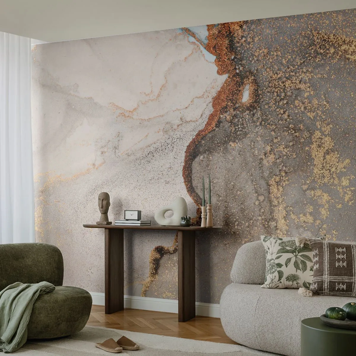 Fototapete Premium Sand - Eine abstrakte Komposition aus Marmor und Goldakzenten - 100x70cm - An der Grenze der Farben - Moderne Wanddekoration für Wohnzimmer und Schlafzimmer ARTTOR