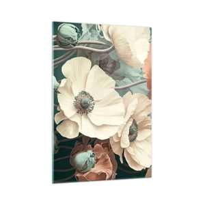 Glasbild - Bild auf glas - Elegante Blumen in Pastelltönen auf grünem Hintergrund - 70x100cm - Flüstern von Mohnblumen - Moderne Wanddekoration für Wohnzimmer und Schlafzimmer ARTTOR