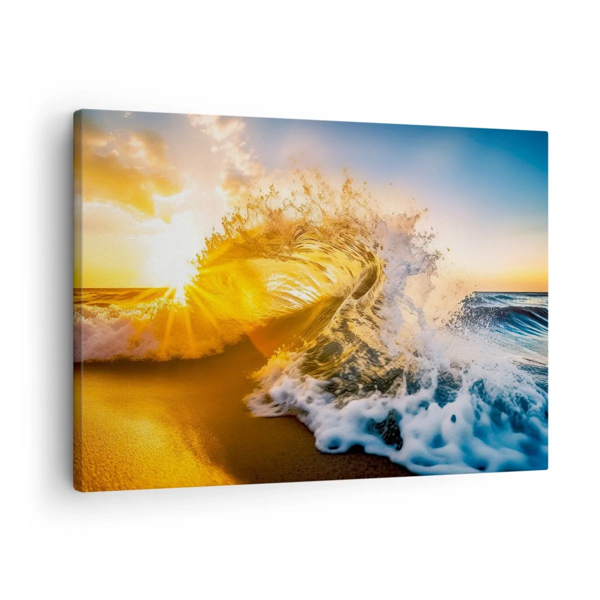 Bild auf Leinwand - Leinwandbild - Eine goldene Welle vor dem Hintergrund der untergehenden Sonne - 70x50cm - Spaß im Sand - Moderne Wanddekoration für Wohnzimmer und Schlafzimmer ARTTOR