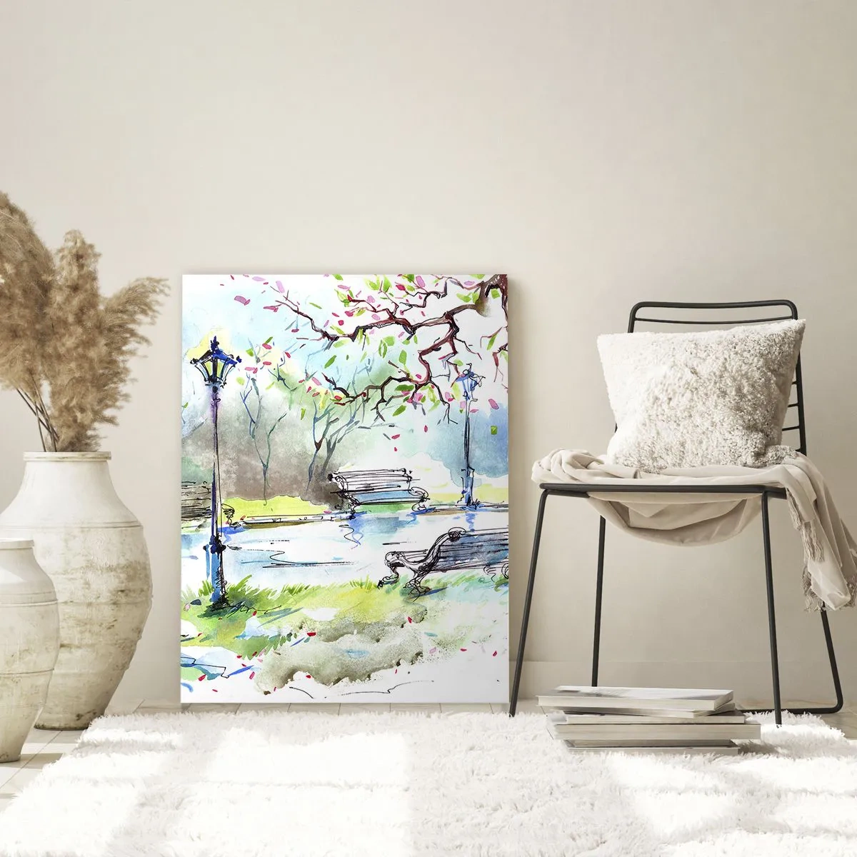 Glasbild - Bild auf glas - Aquarell-Parkszene mit Bänken und Lampen - 80x120cm - Der Zauber der Stille des Parks - Moderne Wanddekoration für Wohnzimmer und Schlafzimmer ARTTOR