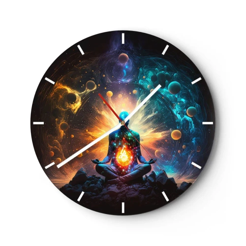Wanduhr - Glasuhr - Eine meditierende Figur, umgeben von kosmischer Energie und Planeten. - 30x30cm - Kosmischer Frieden - Moderne Wanddekoration für Wohnzimmer, Küche und Schlafzimmer ARTTOR