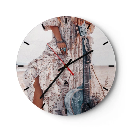Wanduhr - Glasuhr - Boho-Stil mit einer Gitarre vor dem Strand und einem geblümten Kleid - 30x30cm - Kinderblumen auf dem Weg - Moderne Wanddekoration für Wohnzimmer, Küche und Schlafzimmer ARTTOR