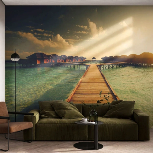 Fototapete Premium Canvas - Eine herzliche Einladung - Malediven, Landschaft, Häuser am Wasser - 450x315 cm