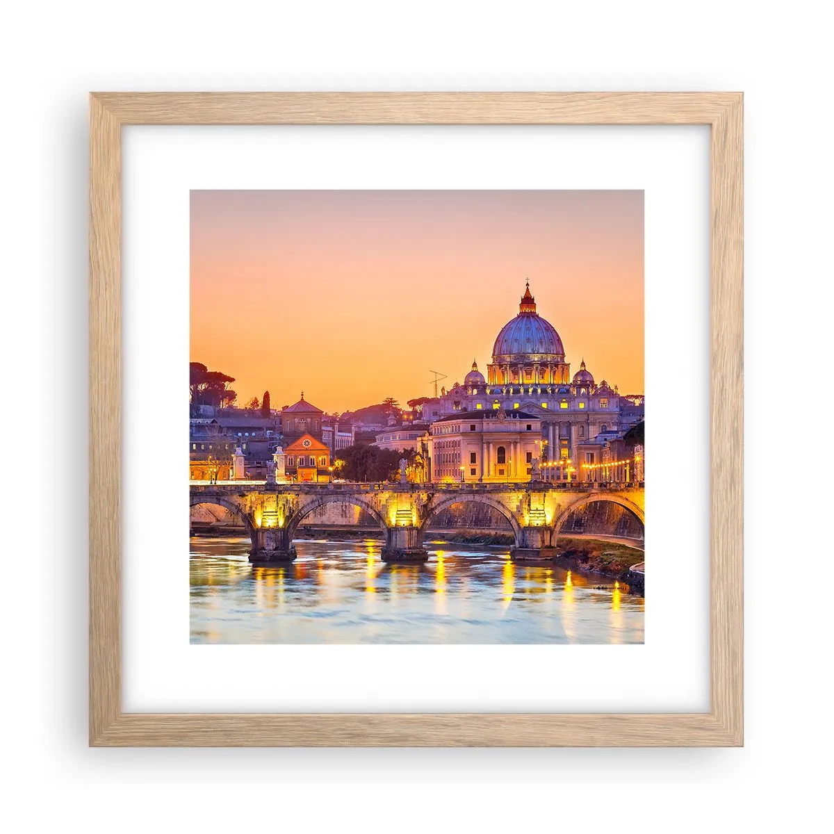 Poster in einem Rahmen aus heller Eiche - Sonnenuntergang über der ewigen Stadt - 30x30 cm