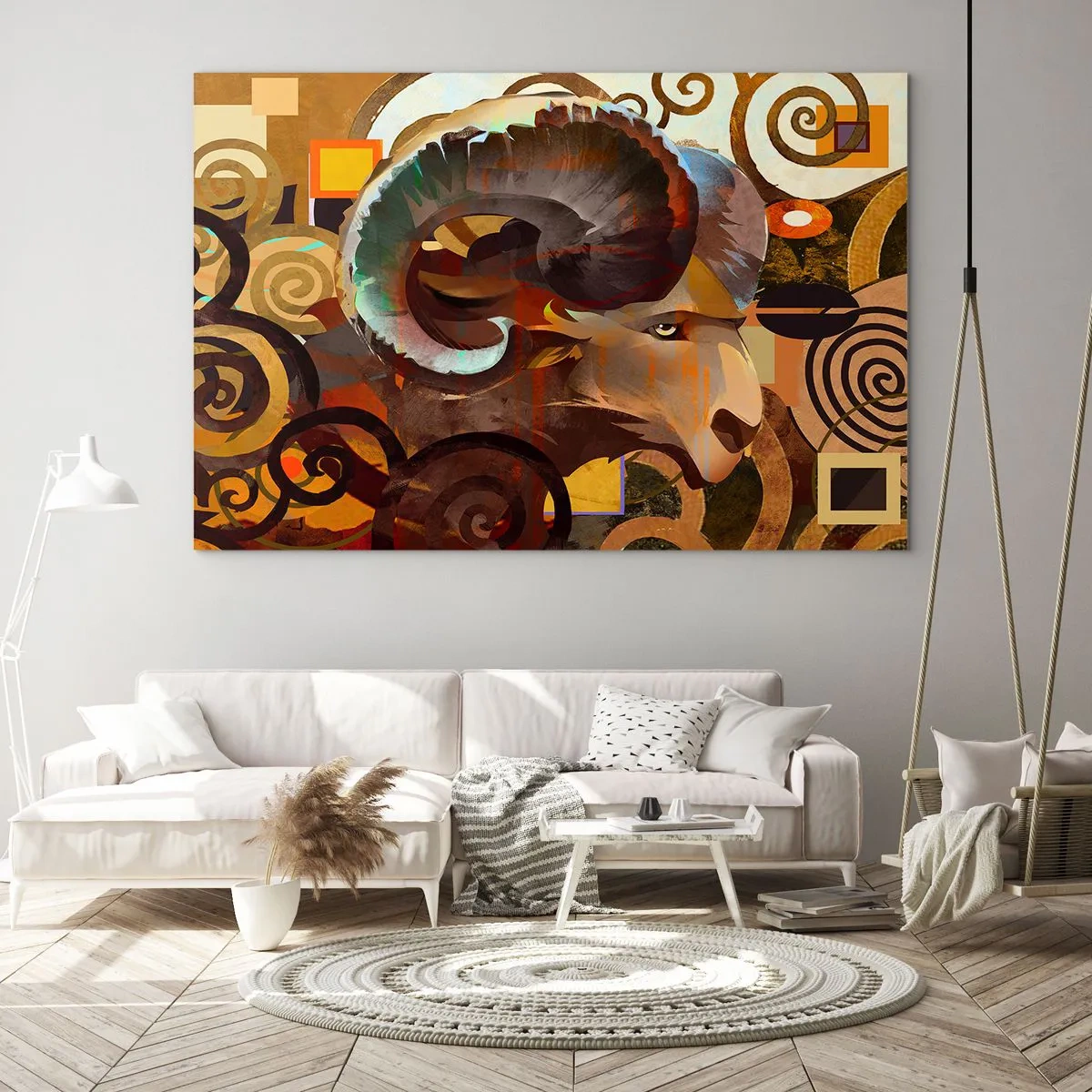 Glasbild - Bild auf glas - Ein künstlerisches Bild eines Widders in einer geometrischen und spiralförmigen Komposition. - 100x70cm - Magie - Religionen - Rituale - Moderne Wanddekoration für Wohnzimmer und Schlafzimmer ARTTOR