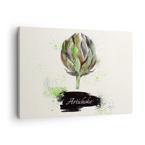 Bild auf Leinwand - Leinwandbild - Aquarell Artischocke mit Text auf hellem Hintergrund mit grünen Akzenten - 70x50cm - Eviva-Gemüse! - Moderne Wanddekoration für Wohnzimmer und Schlafzimmer ARTTOR