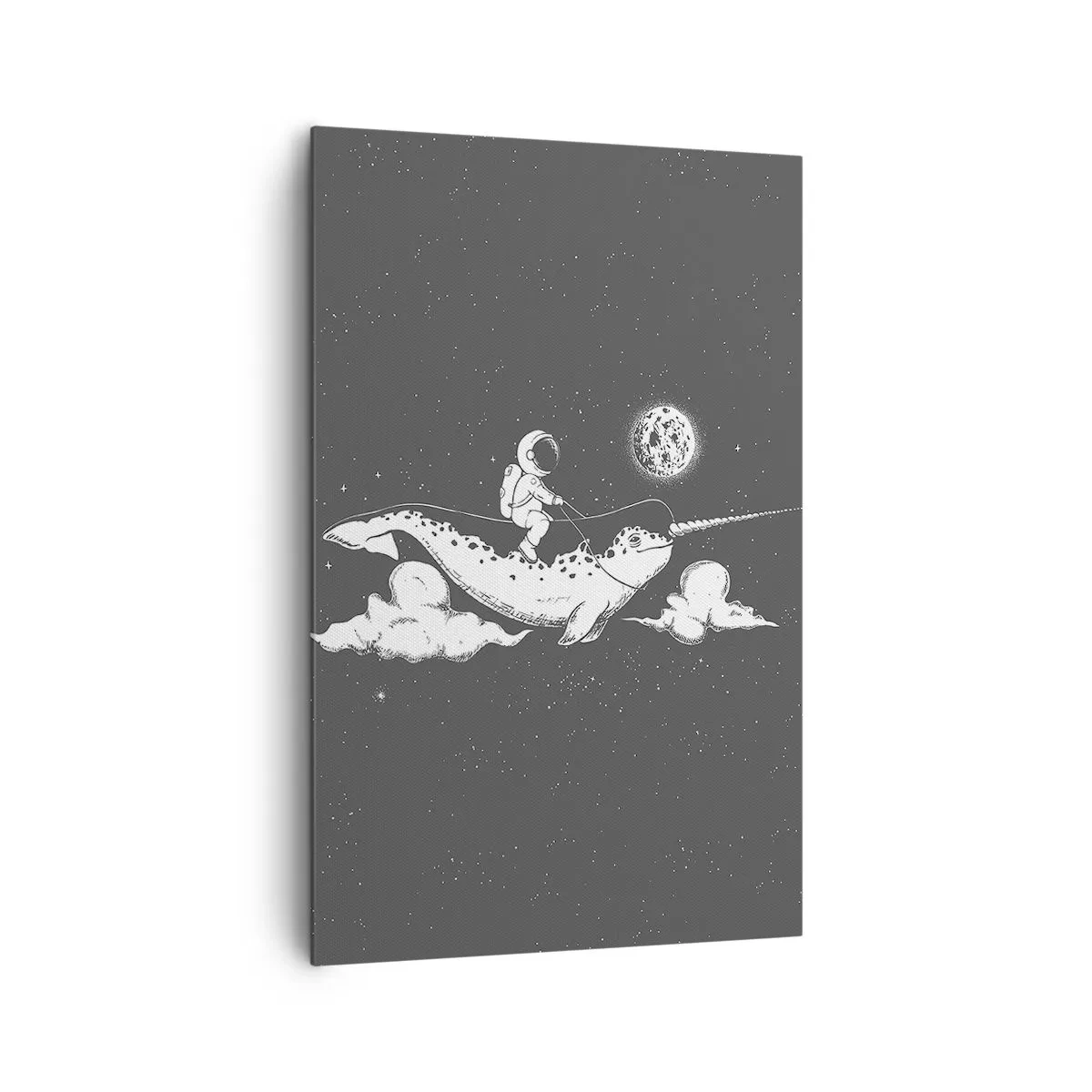 Bild auf Leinwand - Leinwandbild - Ein Astronaut auf dem Rücken eines Narwals, der in einer Weltraumszene schwimmt. - 80x120cm - Weltraumreiter - Moderne Wanddekoration für Wohnzimmer und Schlafzimmer ARTTOR
