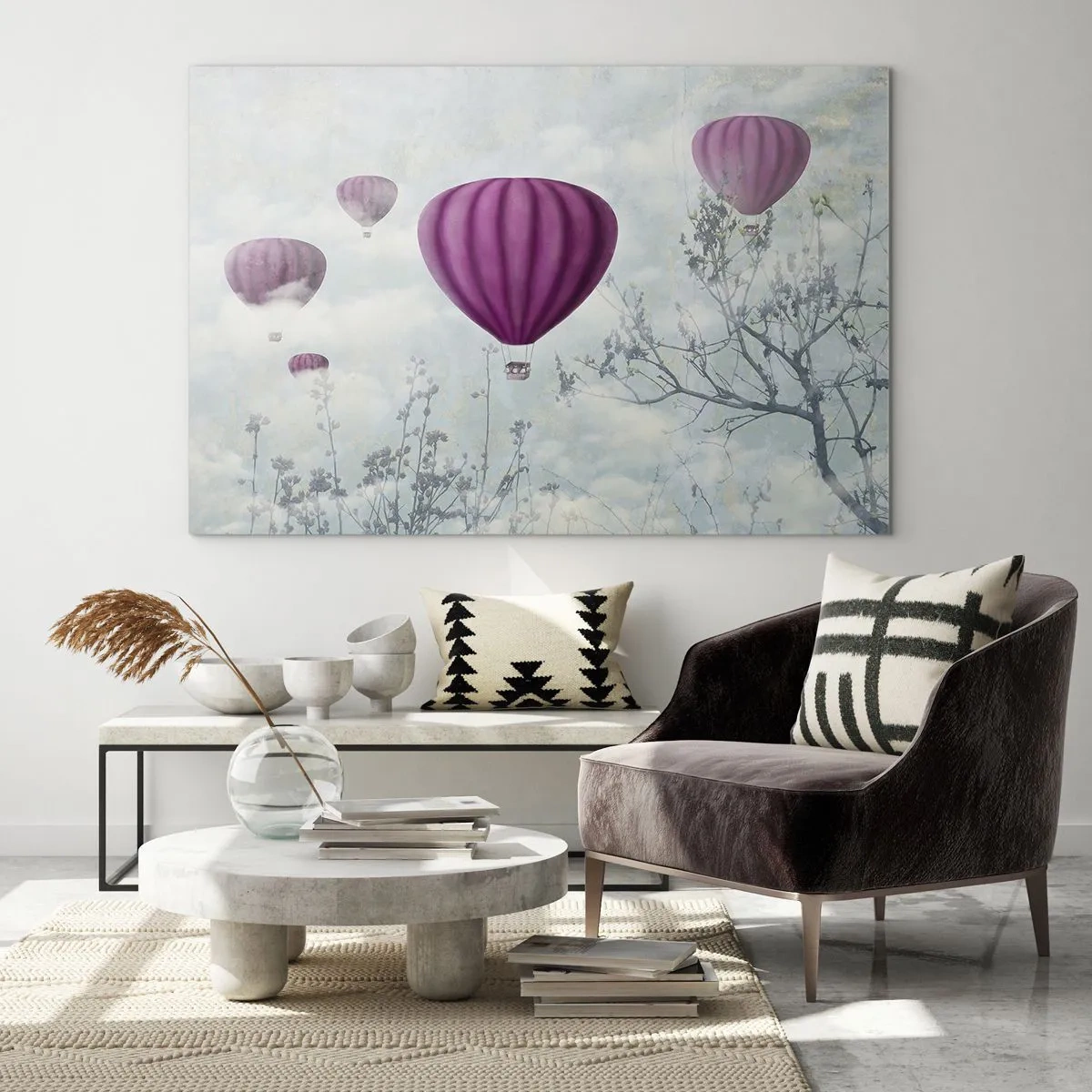 Glasbild - Bild auf glas - Lila Ballons schweben zwischen den Wolken und Ästen - 120x80cm - Wie Schiffe am Himmel - Moderne Wanddekoration für Wohnzimmer und Schlafzimmer ARTTOR