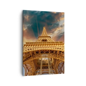 Bild auf Leinwand - Leinwandbild - Der Eiffelturm von unten vor der Kulisse der untergehenden Sonne - 50x70cm - Wie die Menschheit den Himmel erreichte - Moderne Wanddekoration für Wohnzimmer und Schlafzimmer ARTTOR