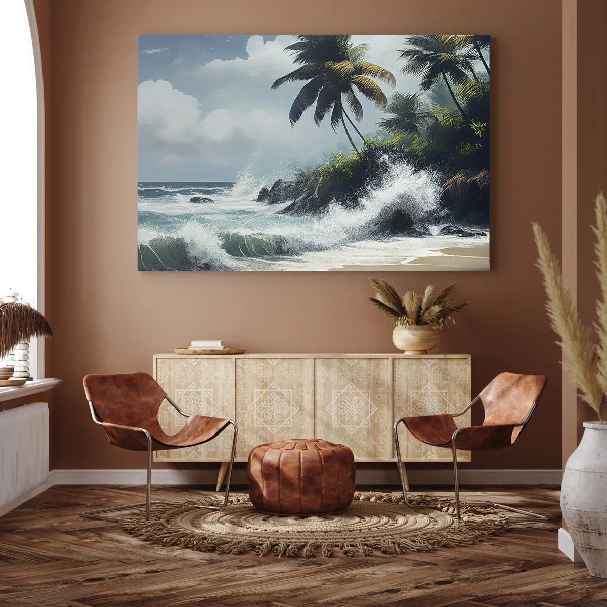 Bild auf Leinwand - Leinwandbild - Tropische Küste mit Palmen und rauer See - 120x80cm - Am tropischen Ufer - Moderne Wanddekoration für Wohnzimmer und Schlafzimmer ARTTOR