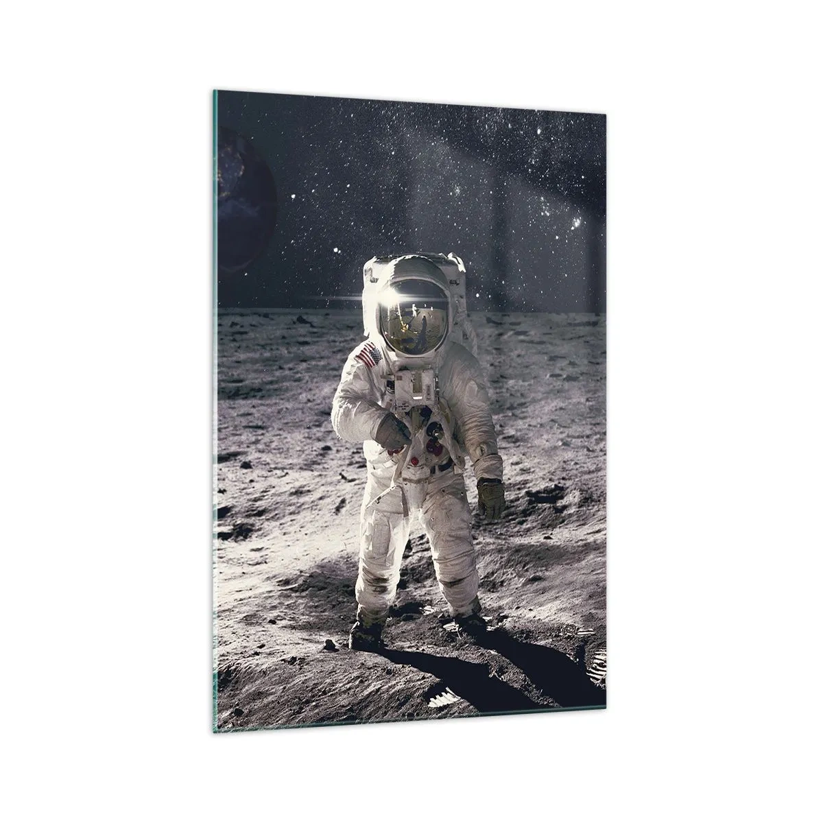 Glasbild - Bild auf glas - Astronaut auf der Mondoberfläche mit der Erde im Hintergrund - 70x100cm - Grüße vom Mond - Moderne Wanddekoration für Wohnzimmer und Schlafzimmer ARTTOR