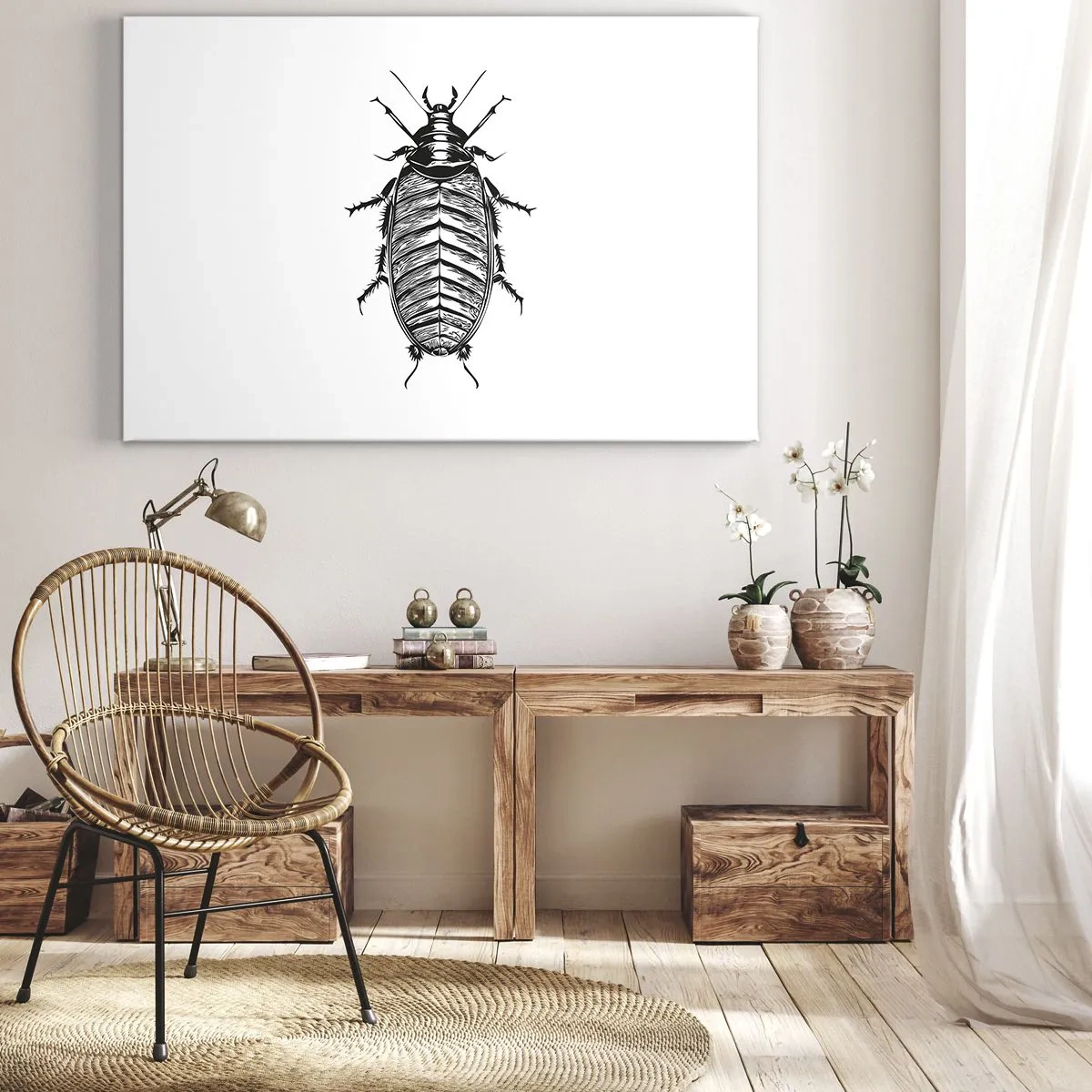 Bild auf Leinwand - Leinwandbild - Grafik eines schwarz-weißen Insekts auf weißem Hintergrund - 100x70cm - Was für ein Exemplar! - Moderne Wanddekoration für Wohnzimmer und Schlafzimmer ARTTOR
