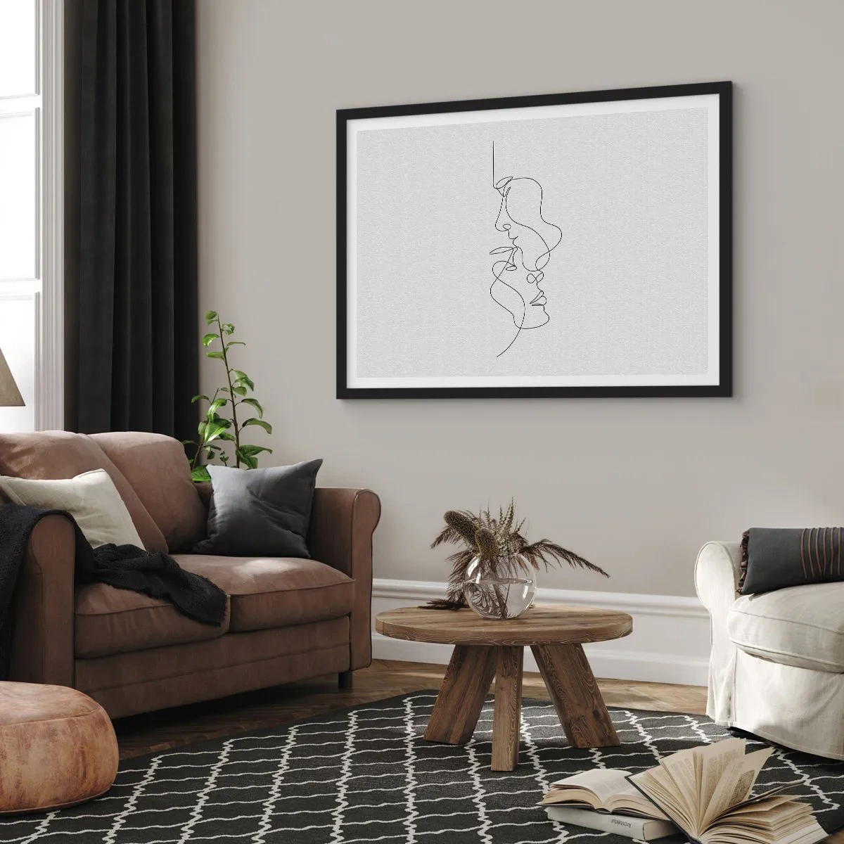 Poster in einem schwarzem Rahmen - Eine minimalistische Zeichnung von zwei Gesichtern in einer Linie. - 100x70cm - Die Hitze bitterer Begierden - Moderne Wanddekoration für Wohnzimmer und Schlafzimmer ARTTOR